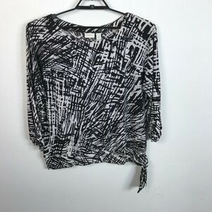 Chico's Blouse Size 3 Black White Long Sleeve Polyester Spandex Geometric Womens